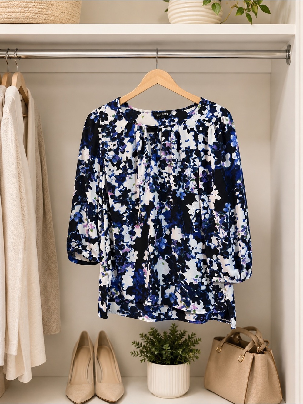 Express Blue Floral Pleated Round-Neck Blouse